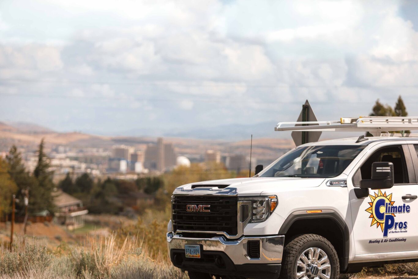climate pros truck going to a job in downtown reno